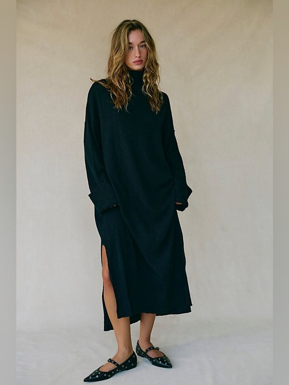 Free People FP Beach Faye Sweater Midi Dress Washed Black L